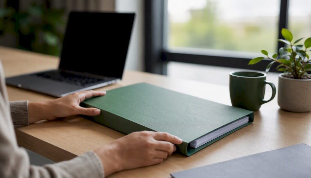 Händer som bläddrar och justerar i en pärm med GDPR-riktlinjer