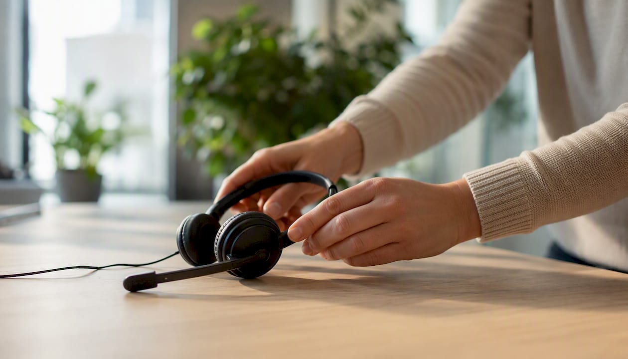 Ett par händer justerar ett headset på kontoret