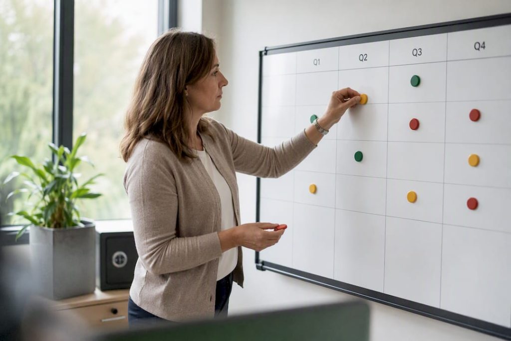 Händer som placerar riskmarkörer på revisionsplanen