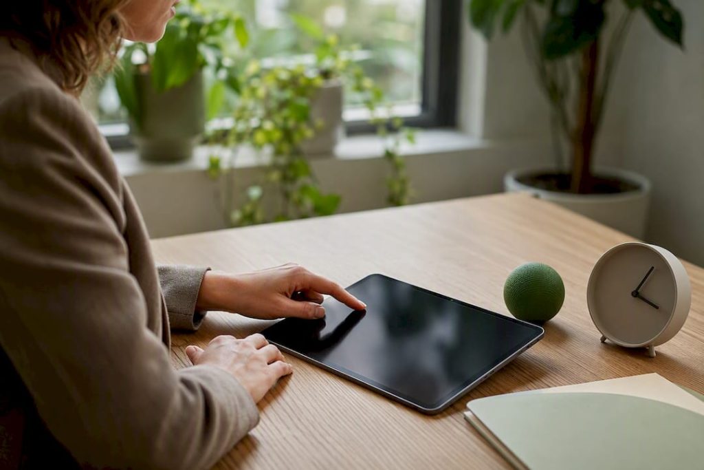 Hand som håller i en surfplatta och övervakar dataskyddet